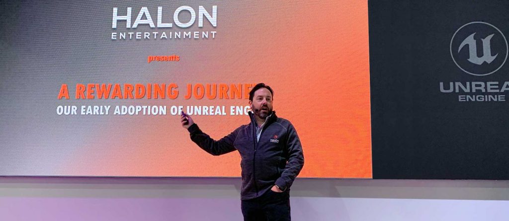 Daniel D. Gregoire speaks to the audience at Siggrapgh 2019 about Halon's early adoption of Unreal Engine.